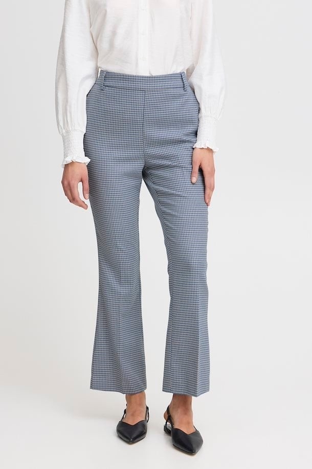 FRANSA PANTALON PULL ON PIED DE POULE C- BLEU ET CRÈME