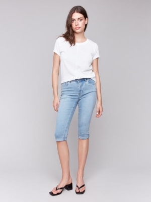 CHARLIE B Capri de jeans extensible C- Bleu pâle