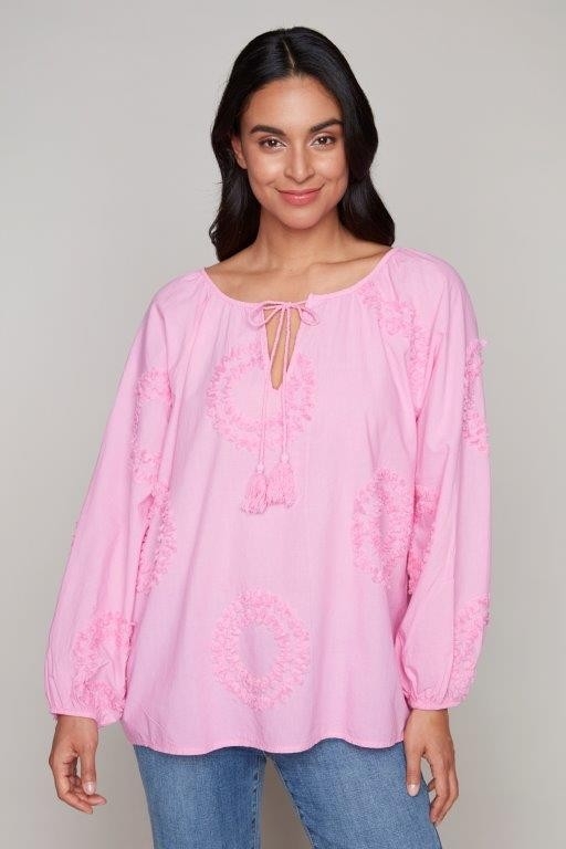 CARRÉ NOIR Blouse paysanne avec motifs effilochés C-Rose