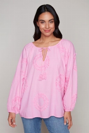 CARRÉ NOIR Blouse paysanne avec motifs effilochés C-Rose