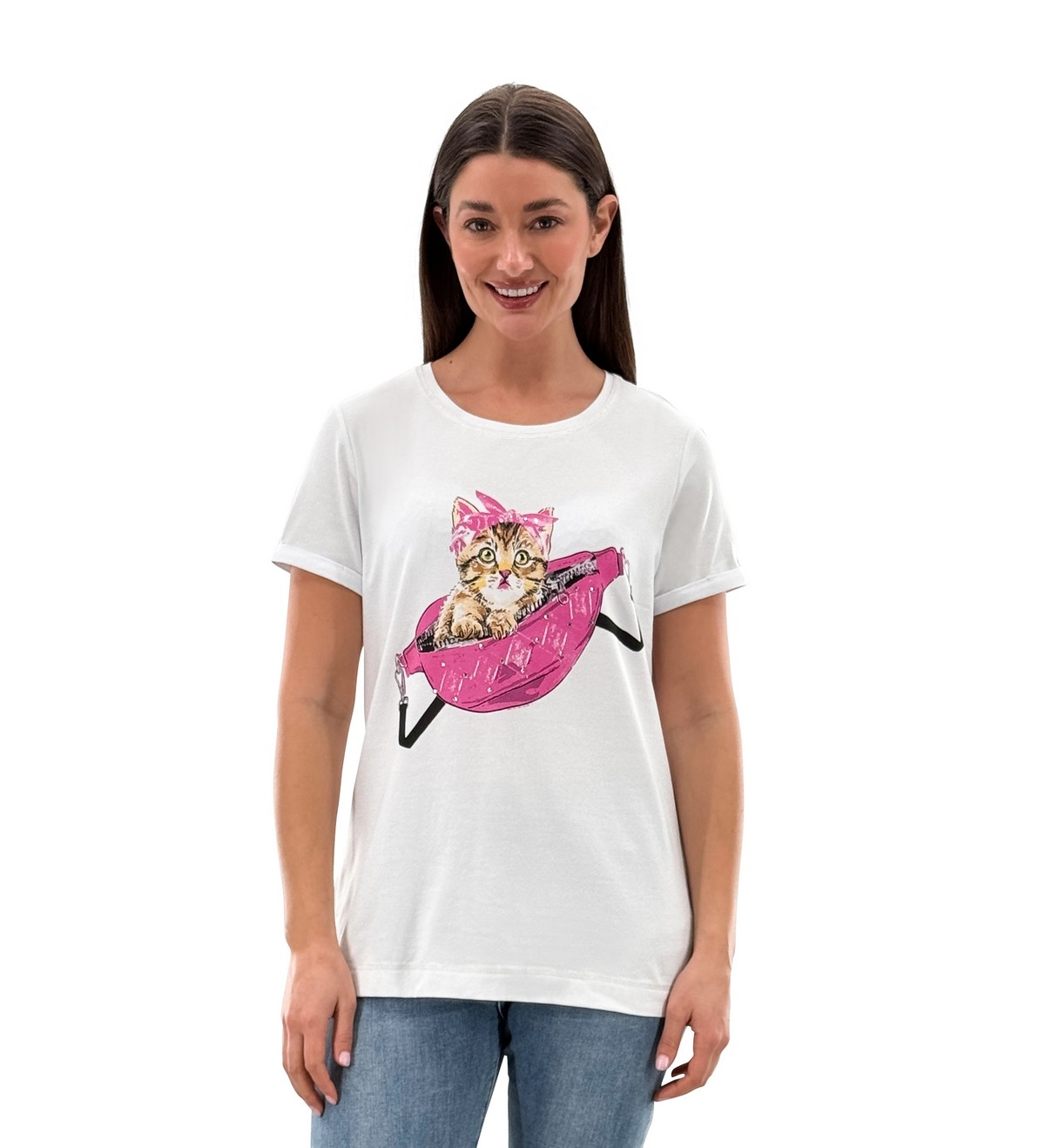 ORLY T-Shirt avec imprimé 'Chat dans un sac-banane'  C-Blanc