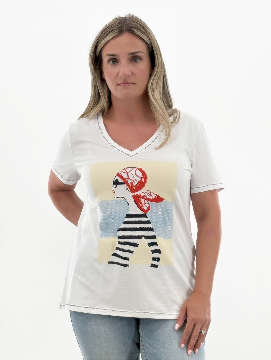 ORLY T-Shirt avec imprimé orné de brillant C-Blanc Taille L